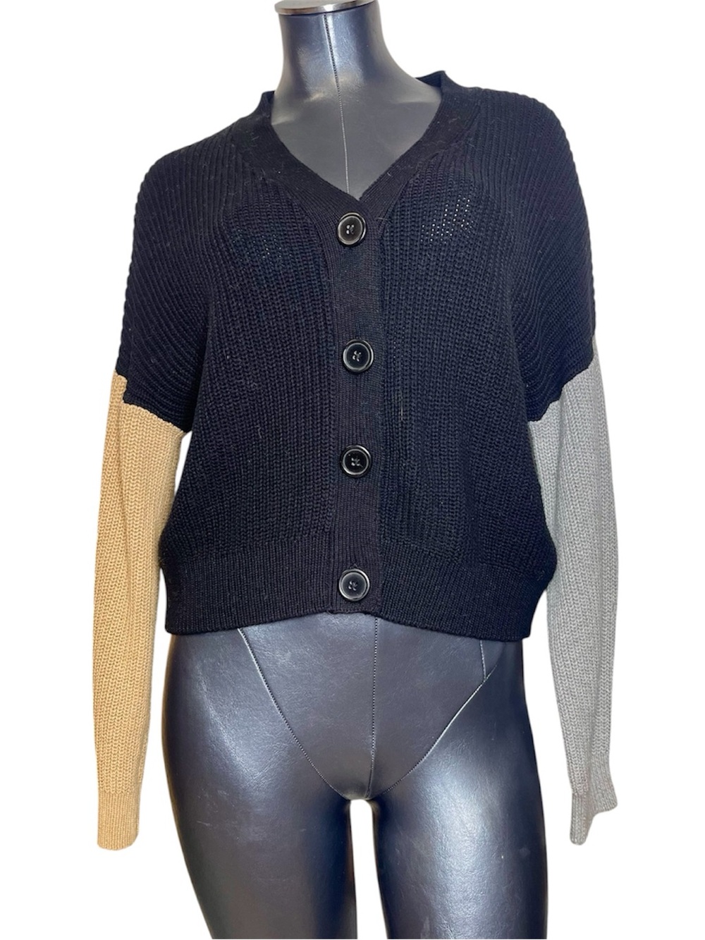 Stradivarius Colorblock Cropped Cardigan Sweater Womens Chunky Knit Button Front